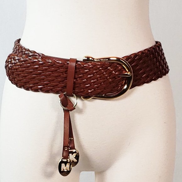 Michael Kors Leather Woven Wide Belt - Size Small Gold Buckle and LOgo - Picture 3 of 4